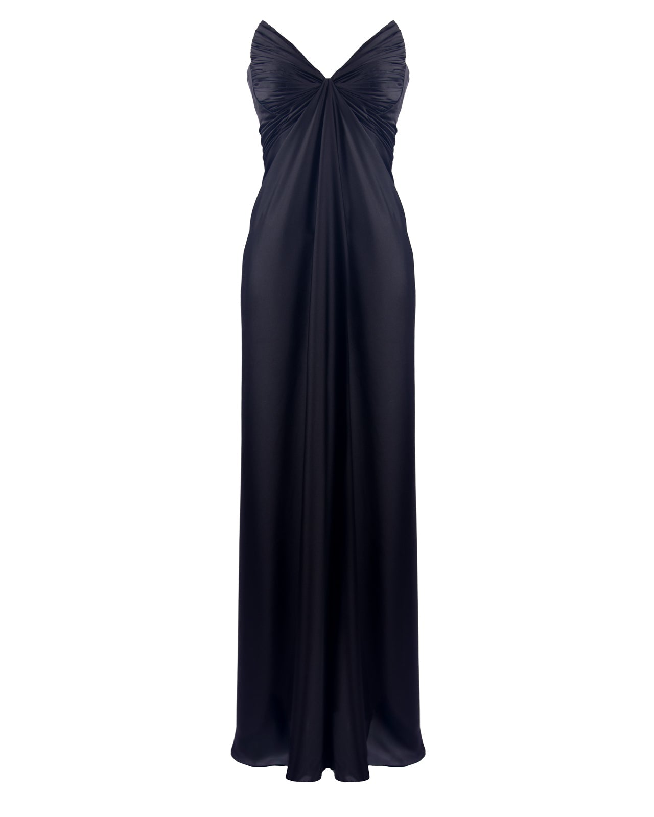 black evening gown with a draped bodice on a white background